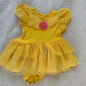 Disney Baby Belle Yellow Baby Dress with Pink Flower Accent with Matching Bow